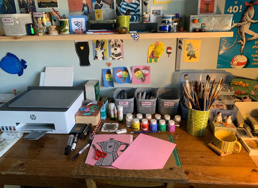 Desk with art supplies